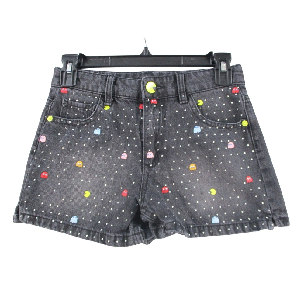 Justice Pac-Man Black Denim Rhinestone Ghost Embroidered Shorts Girls Size 10